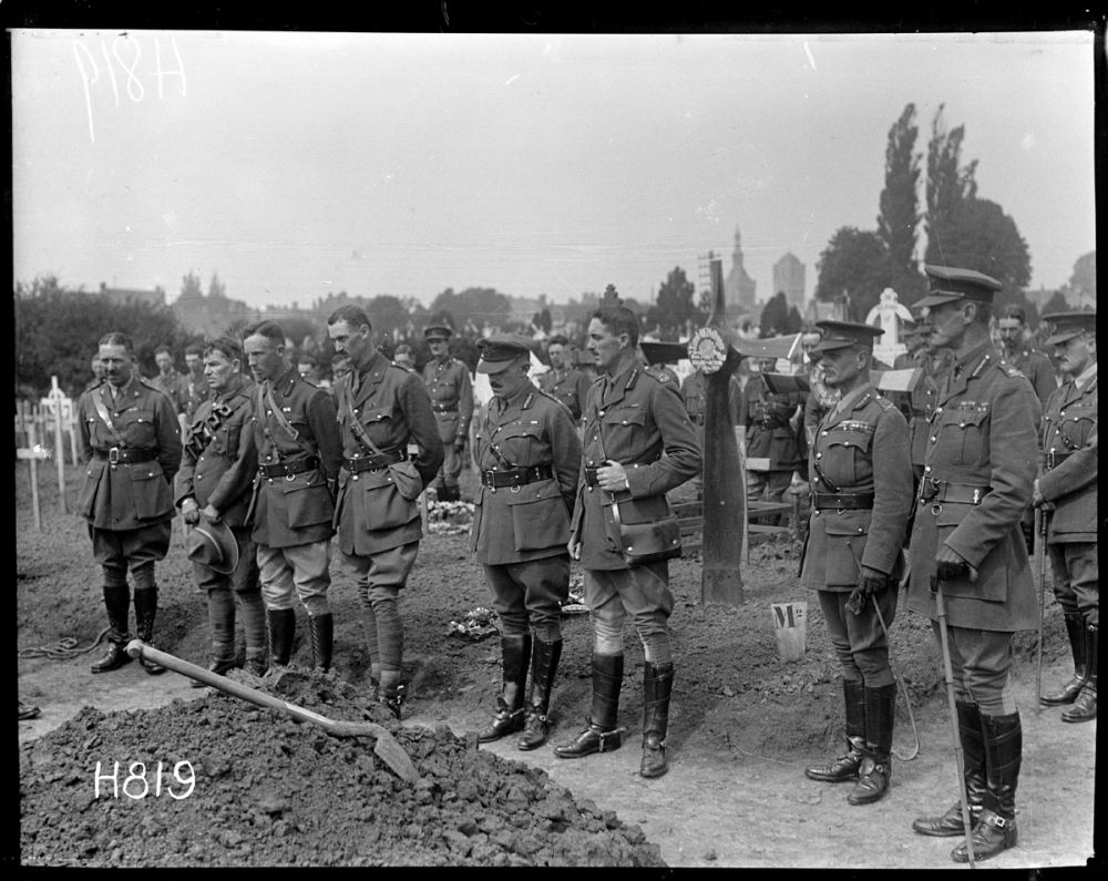 General Godley (far right) attends the funeral of Brigadier-General  Francis Earl Johnston at Bailleul. 1917
